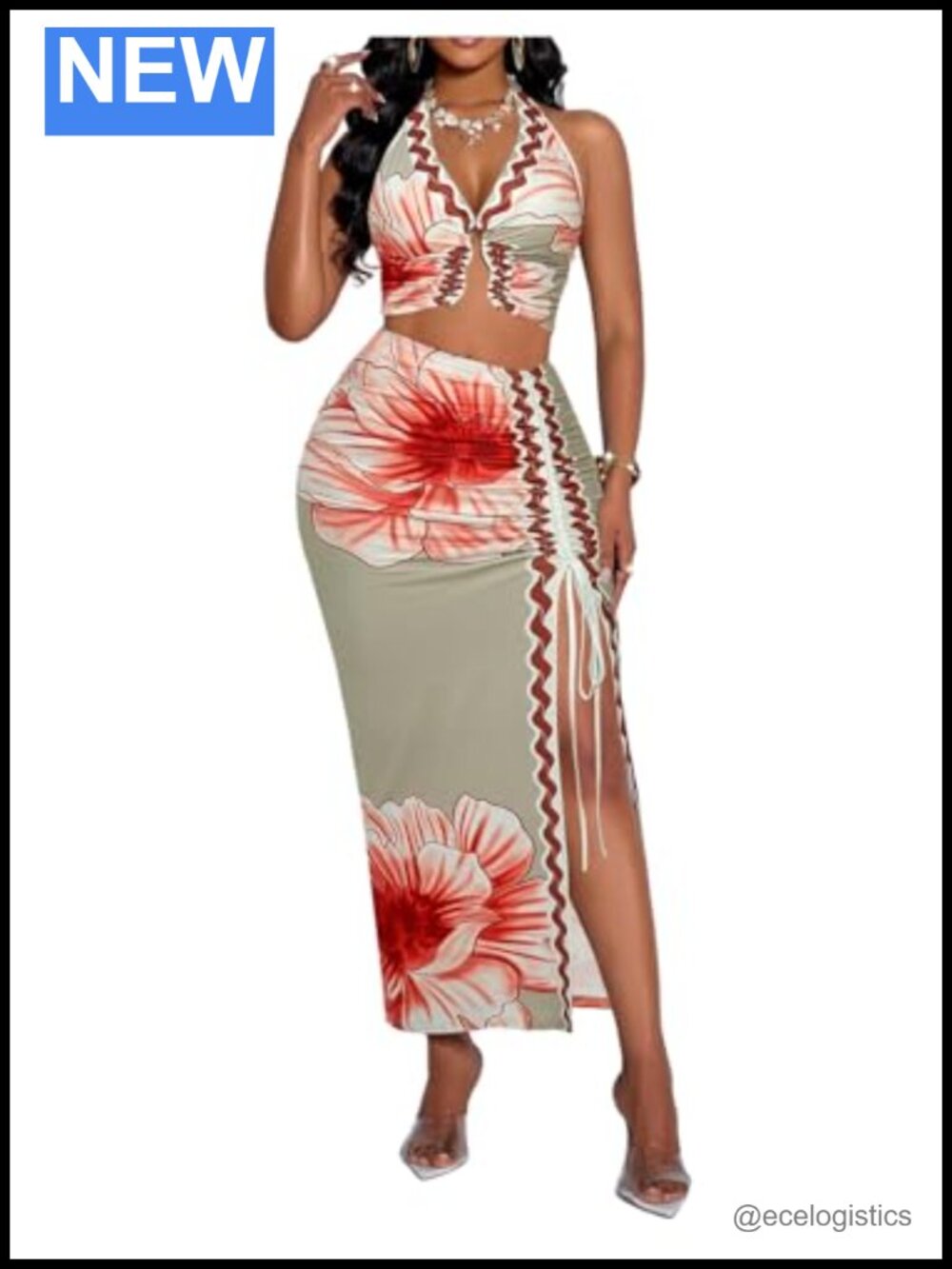 Women's 2 Piece Skirt Sets Floral Halter Crop Top Bodycon Split Skirt Vacation